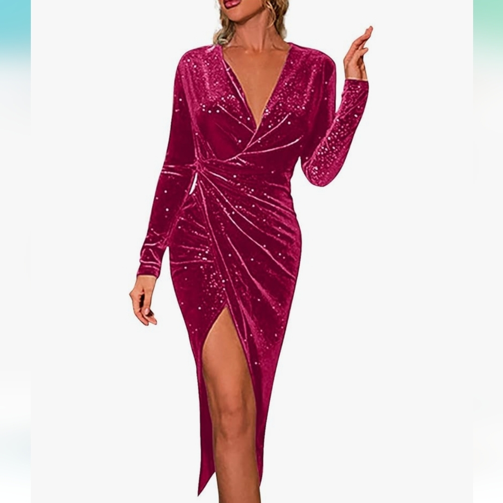Pink Velvet Glitter Ruched Long Sleeve Plunge Dress Size Small